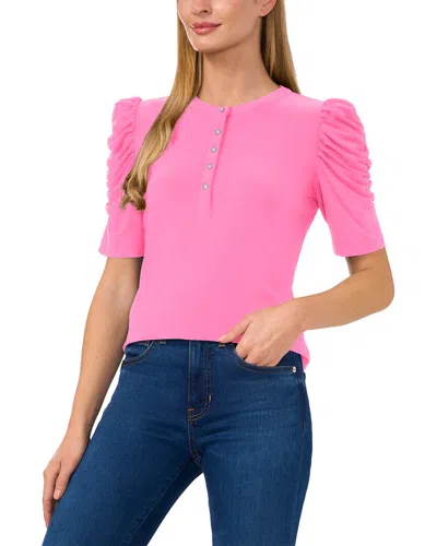 CECE CECE SHIRRED SLEEVE HENLEY KNIT TOP