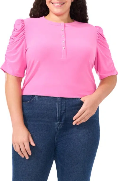Cece Shirred Sleeve Knit Henley In Freeisa Pink
