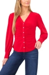 Cece Shirred V-neck Button-up Shirt In Red