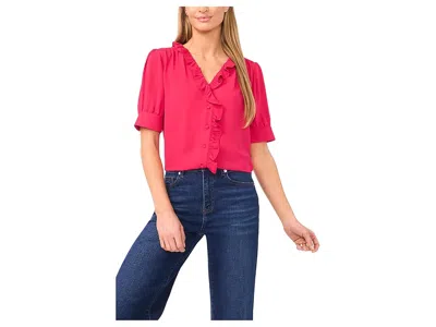 Cece Short Puff Sleeve Button Down Ruffled Top In Red