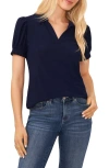 Cece Puff Sleeve Point Collar Knit Top In Blue
