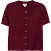 Cece Short Sleeve Bow Button Cardigan In Burgundy