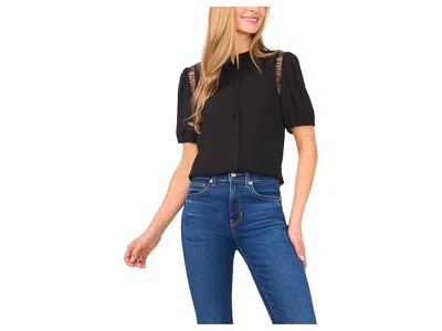 Cece Short Sleeve Button Front Lace Trim Top In Black