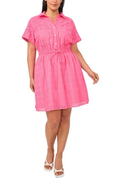 Cece Short Sleeve Cotton Eyelet Shirtdress In Pink