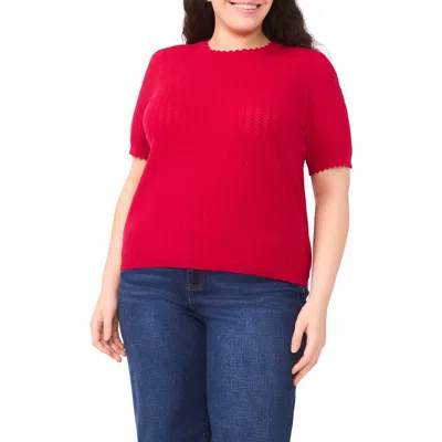 Cece Short Sleeve Cotton Pointelle Sweater In Red