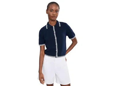 Cece Pointelle Cotton Button-up Sweater In Blue