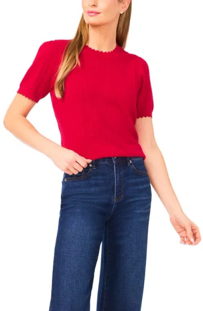 Cece Short Sleeve Pointelle Stitch Sweater In Red