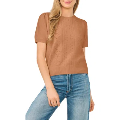 Cece Short Sleeve Pointelle Sweater In Brown