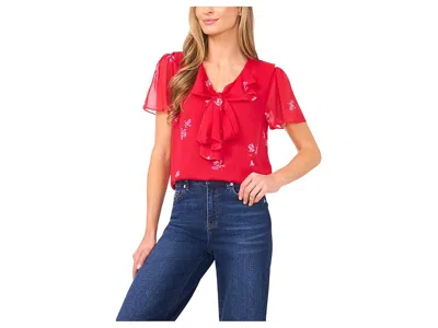 Cece Short Sleeve Ruffle Tie Neck Top In Multi