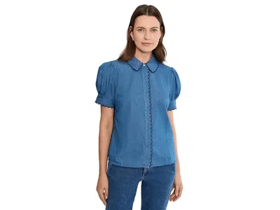 Cece Short Sleeve Scallop Button-up Top Women's Clothing Light Indigo: Sm In Blue