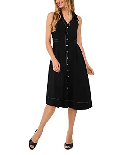 Cece Sleeveless Collared V Neck Belted Dress In Rich Black