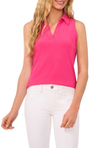 Cece Sleeveless Crepe Knit Polo In Bright Rose Pink
