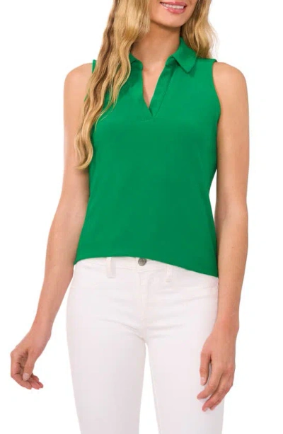 Cece Sleeveless Crepe Knit Polo In Lush Green