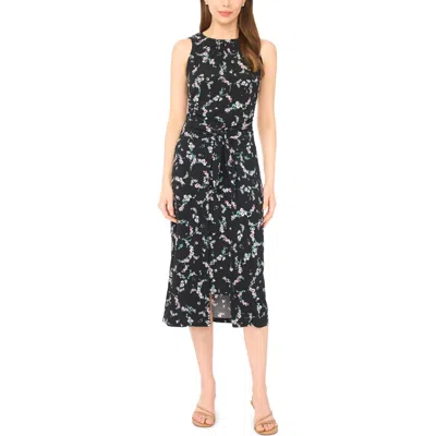 Cece Sleeveless Floral Print Faux Wrap Dress In Black