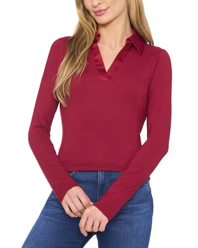 Cece Collared V-neck Long Sleeve Jersey With Satin Detail Top In Mulberry Red