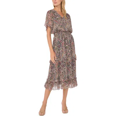 Cece Smock Waist Tiered Midi Dress In Multi