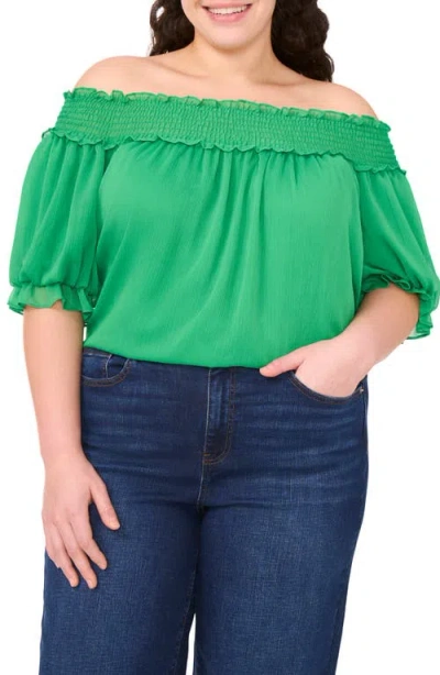 Cece Smocked Off The Shoulder Top In Green