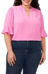 Cece Split Neck Blouse In Bright Peony