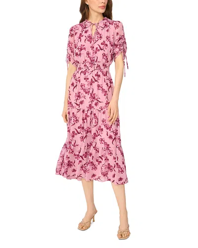 Cece Split Neck Drawstring Sleeve Midi Dress In Pink