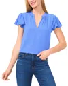 Cece Split Neck Flutter Sleeve Top In Blue