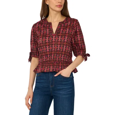 Cece Split Neck Stretch Cotton Poplin Peplum Top In Burgundy