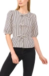 Cece Stripe Bow Front Cotton Peplum Top In Neutral