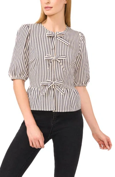 Cece Stripe Bow Front Cotton Peplum Top In Neutral