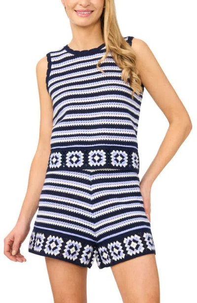 Cece Stripe Crochet Scallop Neck Top In Blue