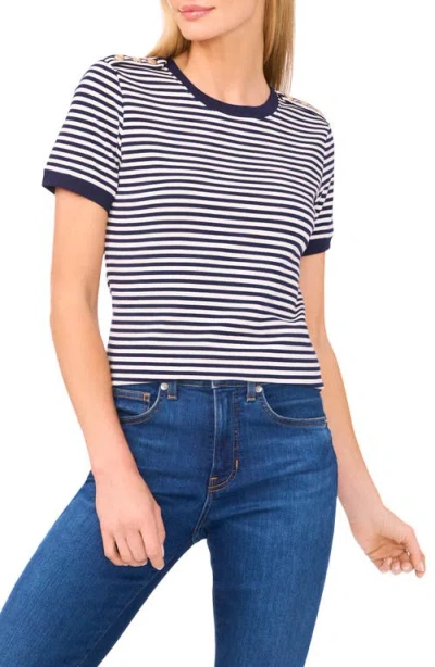 Cece Stripe Epaulet Accent Cotton Baby Ringer Tee In Blue