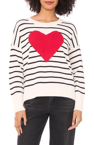 Cece Stripe Heart Cotton Sweater In White