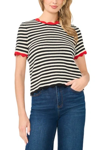 Cece Stripe Pointelle Crewneck Sweater In Black
