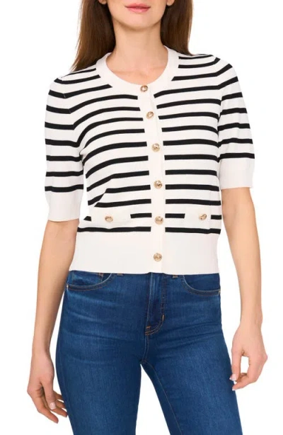 Cece Stripe Short Sleeve Cardigan With Goldtone Buttons In Antique White