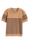 Cece Stripe Shoulder Button Sweater In Cappuccino Beige