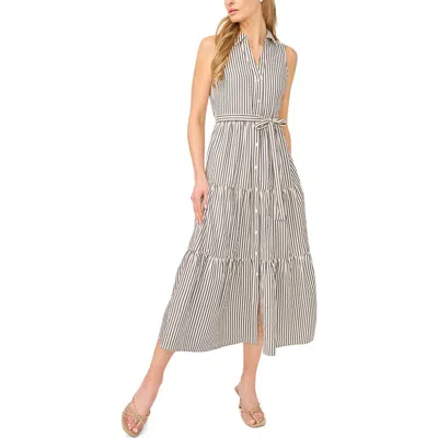 Cece Stripe Sleeveless Tie Waist Shirtdress In Gray