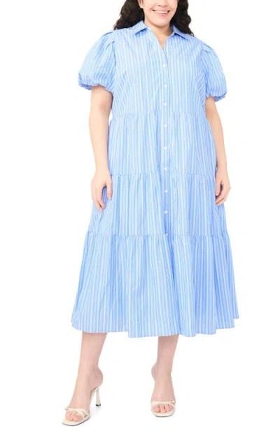 Cece Stripe Tiered Cotton Shirtdress In Blue