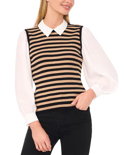 Cece Stripe Mixed Media Sweater Top In Rich Black