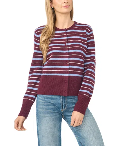 Cece Striped Crewneck Cardigan In Burgundy