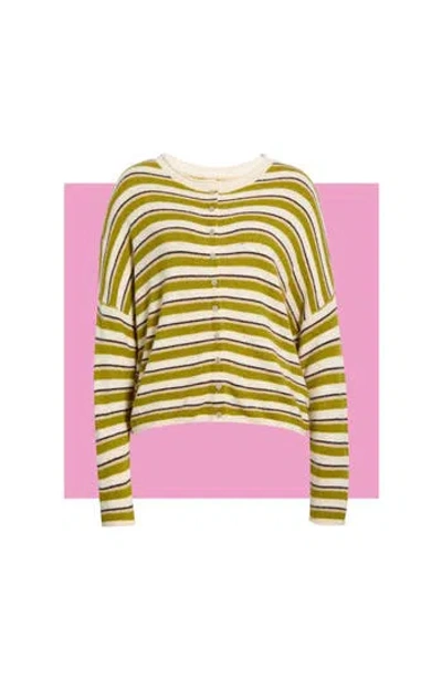 Cece Striped Roll Collar Cardigan In Green