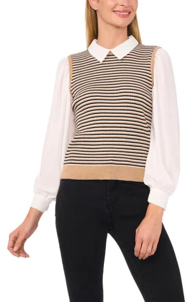 Cece Thin Stripe Mixed Media Sweater Top In Brown