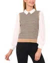 Cece Thin Stripe Mixed Media Sweater Top In Brown