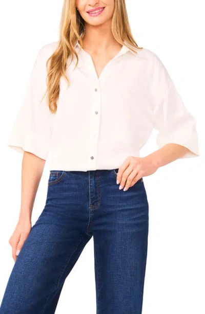 Cece Three-quarter Sleeve Satin Button-up Shirt In White