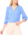 Cece Three Quarter Sleeve V Neck Blouse In Blue