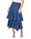 Cece Tiered Denim Midi Skirt In Mid Indigo