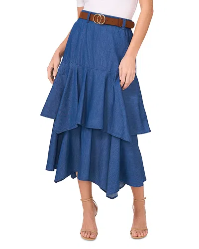 CECE CECE THREE TIER BELTED DENIM MIDI SKIRT