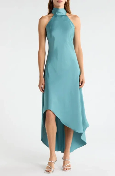 Cece Tie Back Sleeveless High/low Satin Gown In Blue