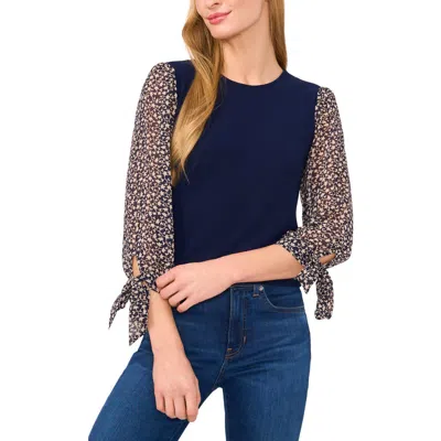 CECE CECE TIE CUFF MIXED MEDIA CREPE KNIT TOP