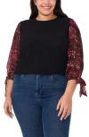 CECE CECE TIE CUFF MIXED MEDIA CREPE KNIT TOP