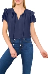 Cece Tie Neck Flutter Sleeve Top In Blue