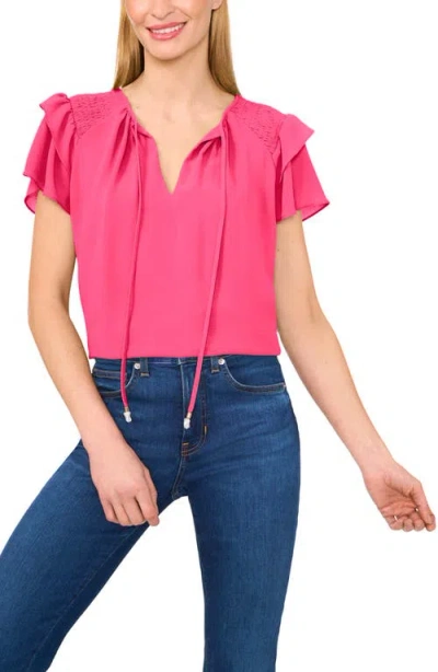 Cece Tie Neck Flutter Sleeve Top In Pink