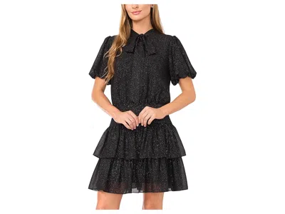 Cece Tie Neck Ruffled Tier Mini Dress In Black